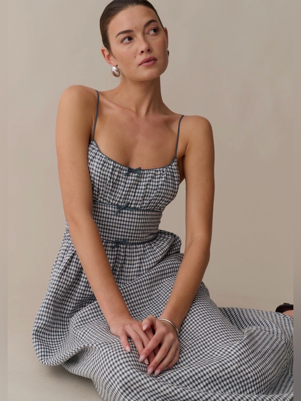 Kourt Darya Linen Maxi Dress in Teal Gingham Smocked Back Size XS NWT Few Moda